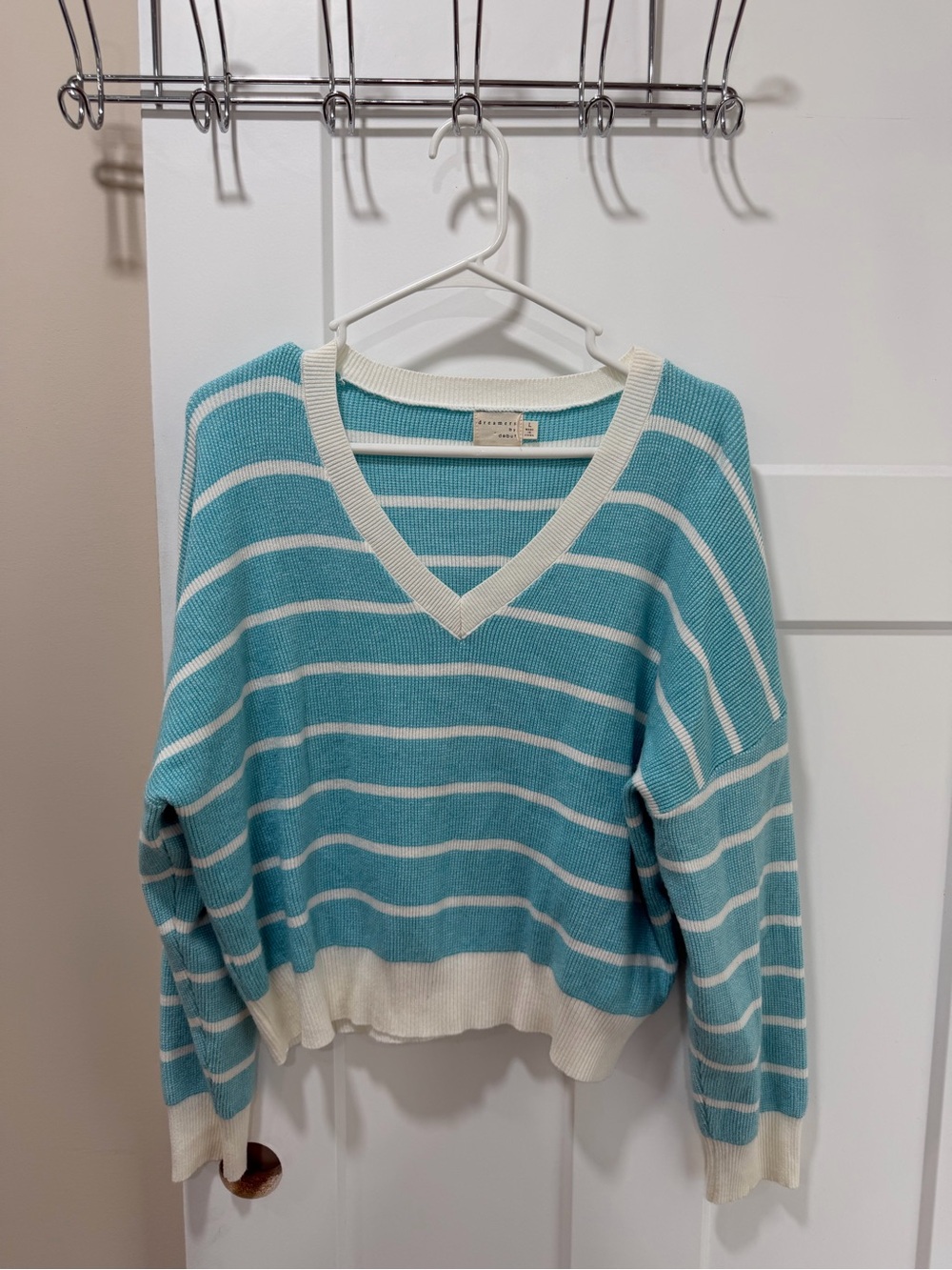 Dreamers Aqua & White Striped V-Neck Sweater